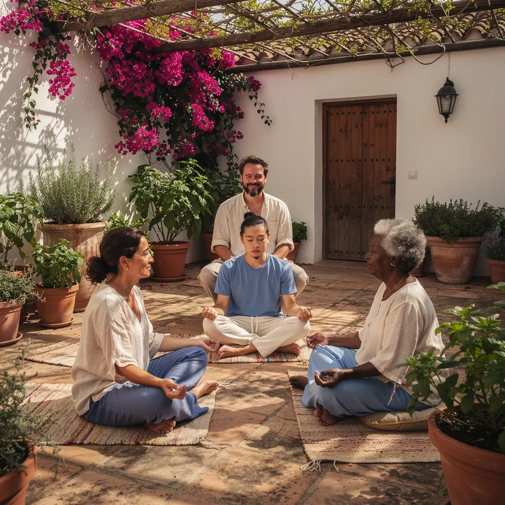 Una familia disfrutando de una clase de yoga juntos en el parque.