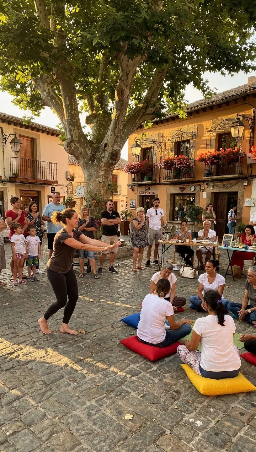 Una familia disfrutando de una clase de yoga juntos en el parque.