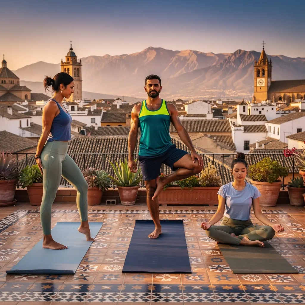 Una familia disfrutando de una clase de yoga juntos en el parque.