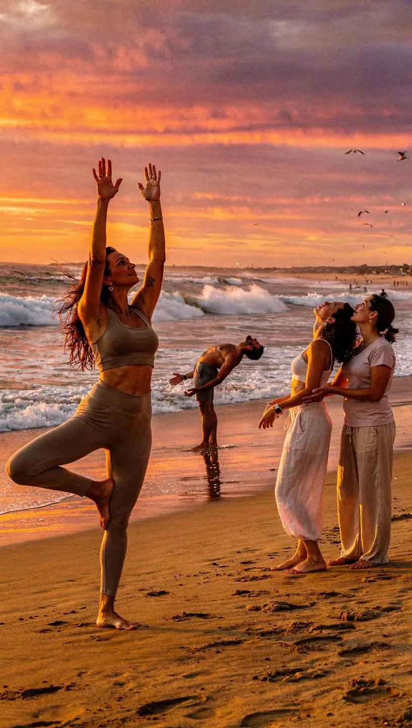Una familia disfrutando de una clase de yoga juntos en el parque.