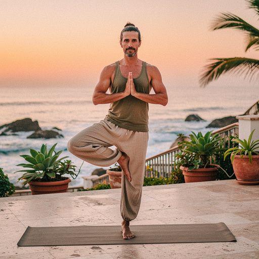 Una vista panorámica de montañas durante una práctica de yoga al aire libre.