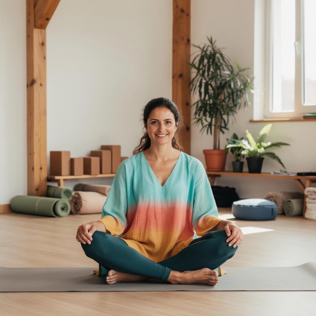 Un hombre realizando una postura avanzada de yoga en un estudio iluminado.